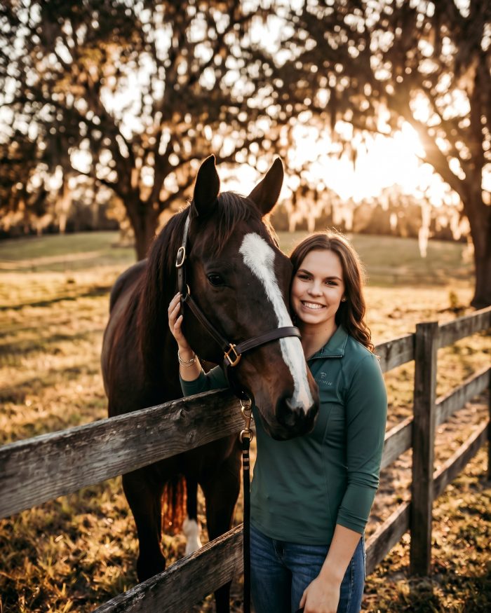 Caitlin Gaudinier smiling beside Frankie, her bay off-track Thoroughbred with a white blaze, at a pasture fence under live oaks at sunset
