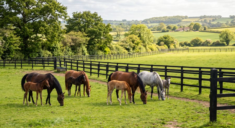Mares grazing with their foals in a fenced pasture, a dapple grey mare and her foal among them