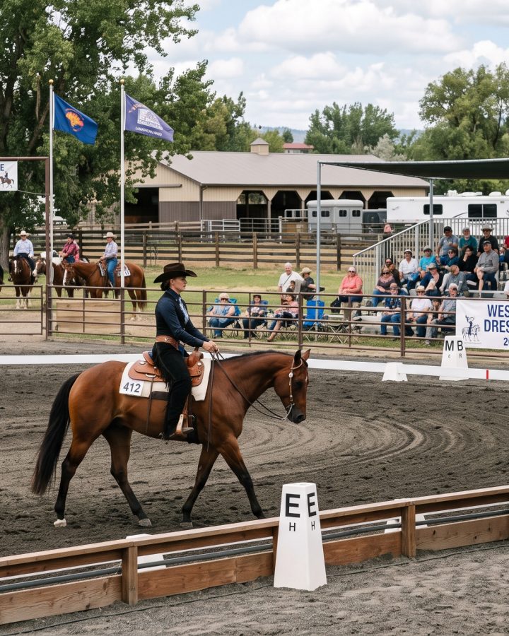 A rider on a bay horse competing in a western dressage class, with spectators watching from the stands