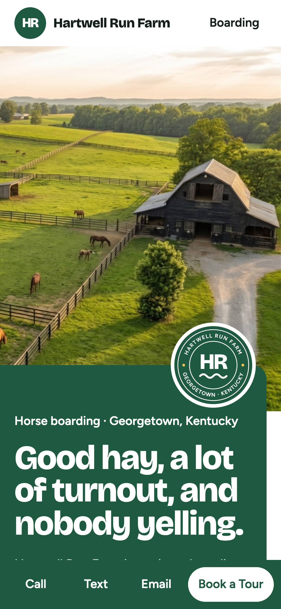 Phone view: Home page, A full-care boarding barn