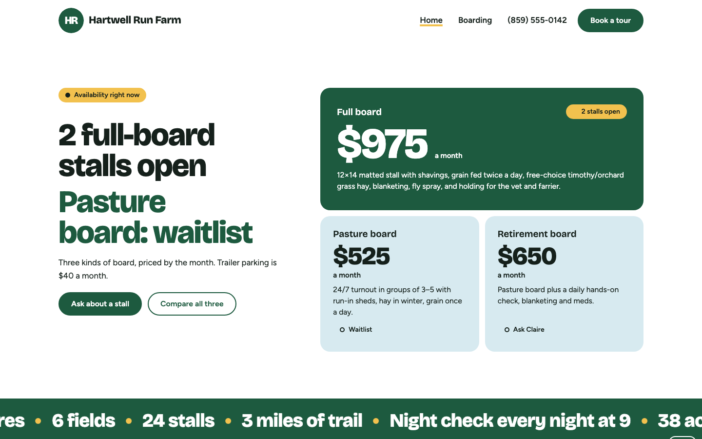Desktop view: Board options, side by side, A full-care boarding barn
