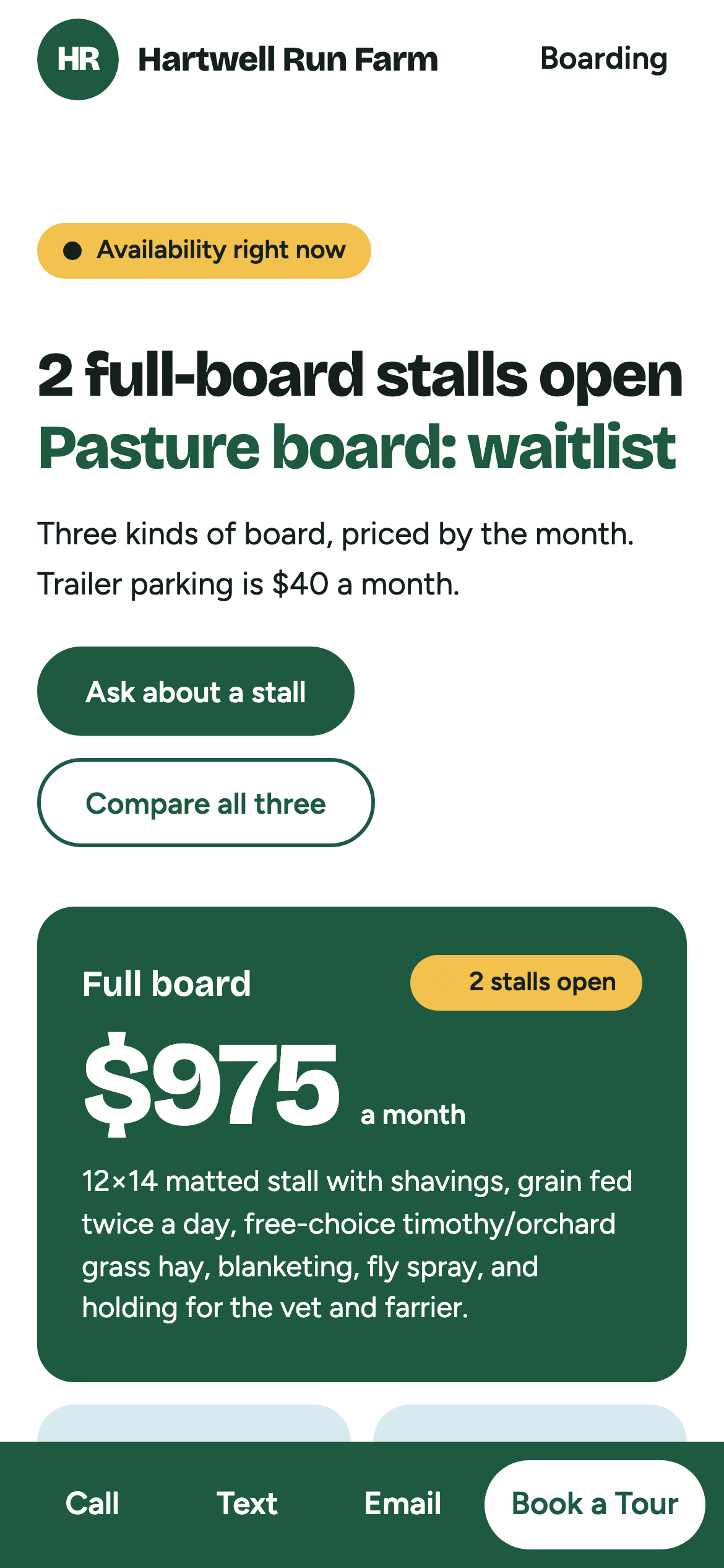 Phone view: Board options, side by side, A full-care boarding barn