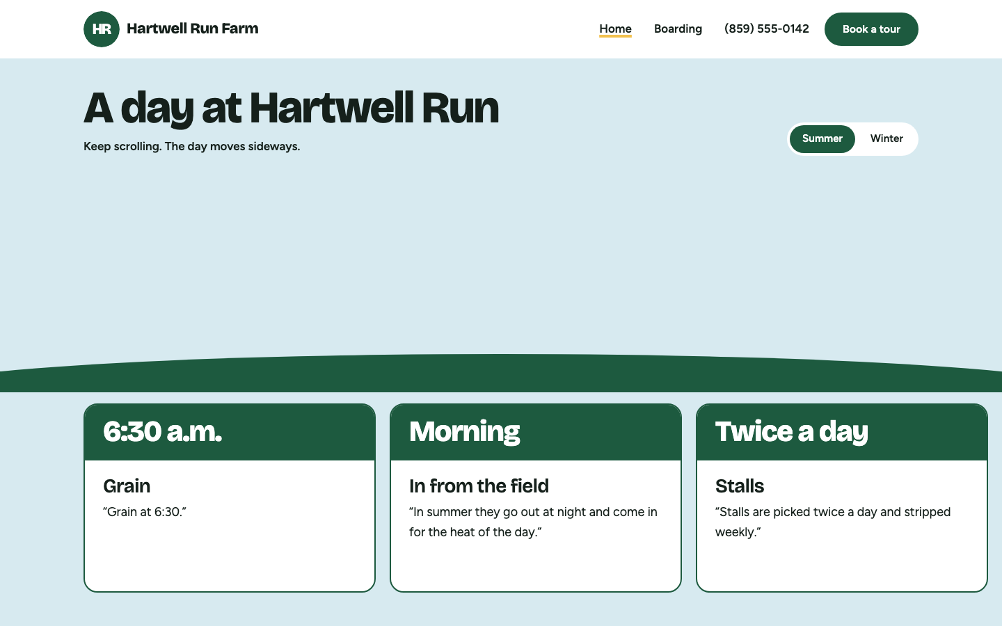 Desktop view: Interactive daily schedule, A full-care boarding barn