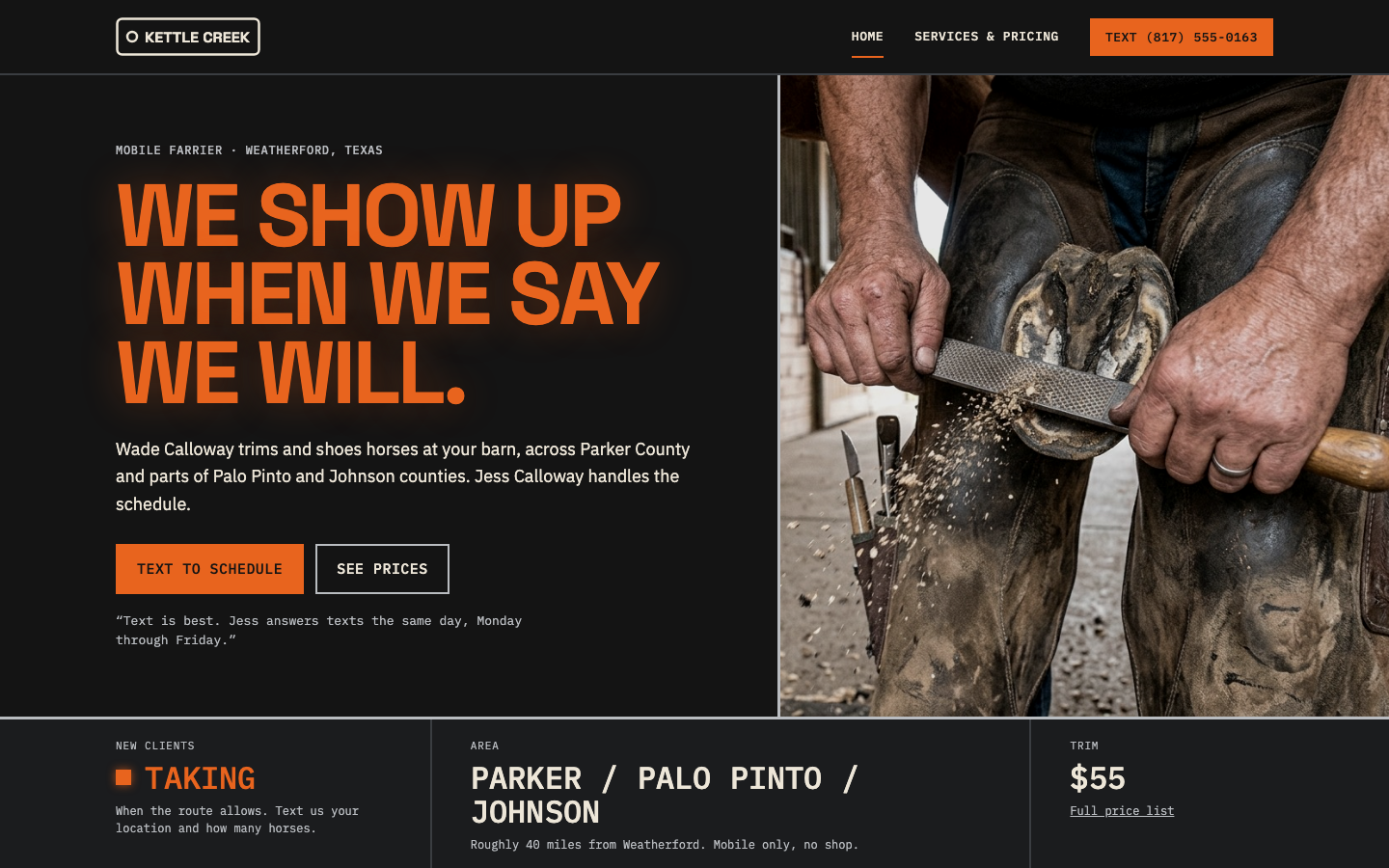 Desktop view: Home page, A farrier’s practice