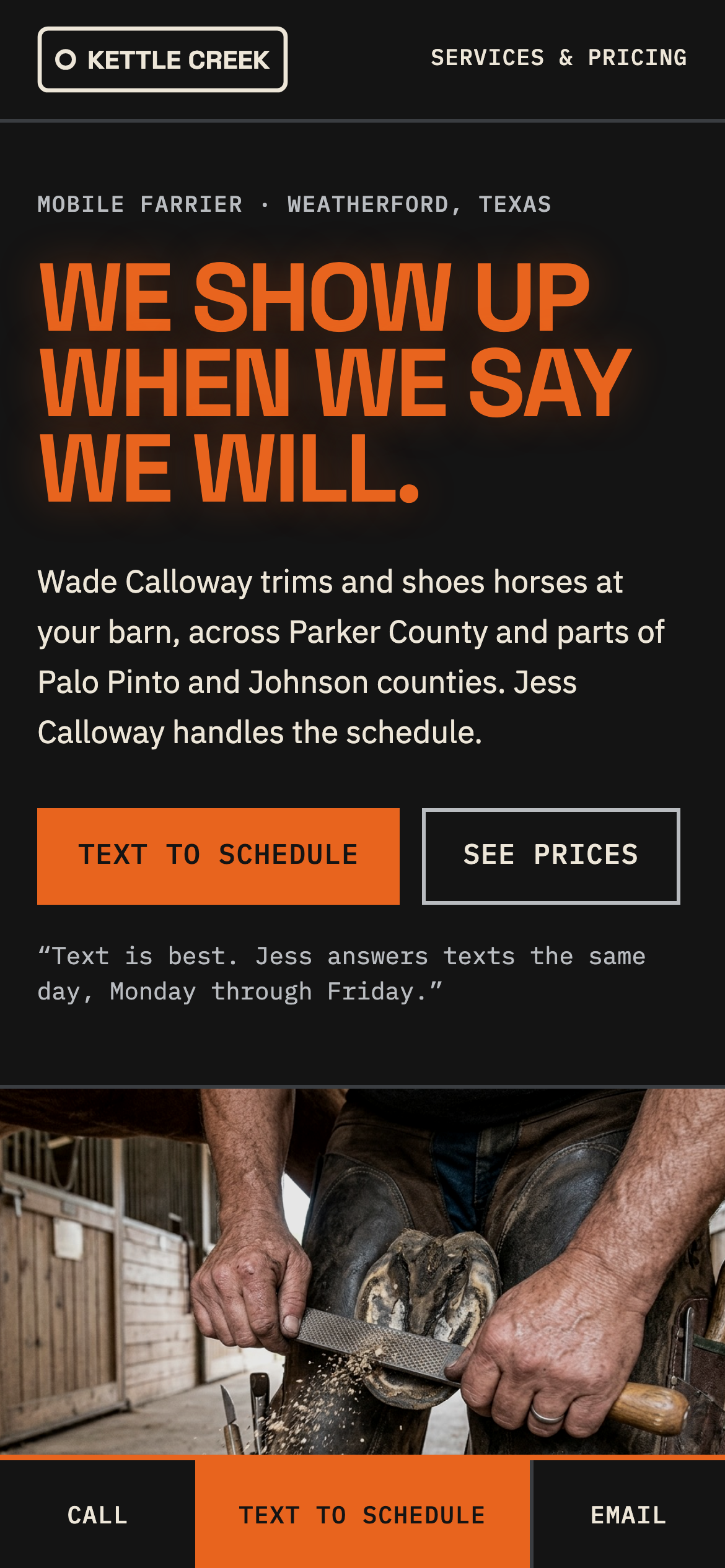 Phone view: Home page, A farrier’s practice