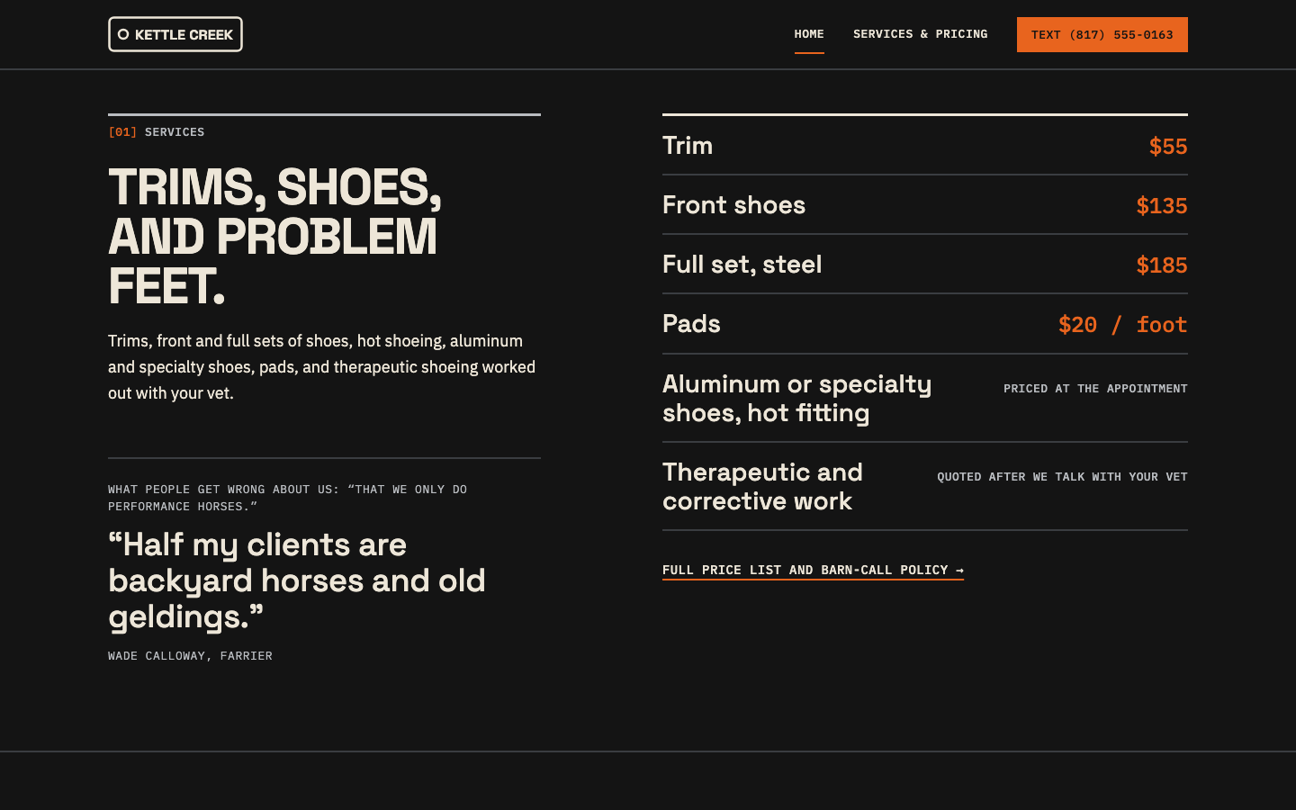 Desktop view: Services, A farrier’s practice
