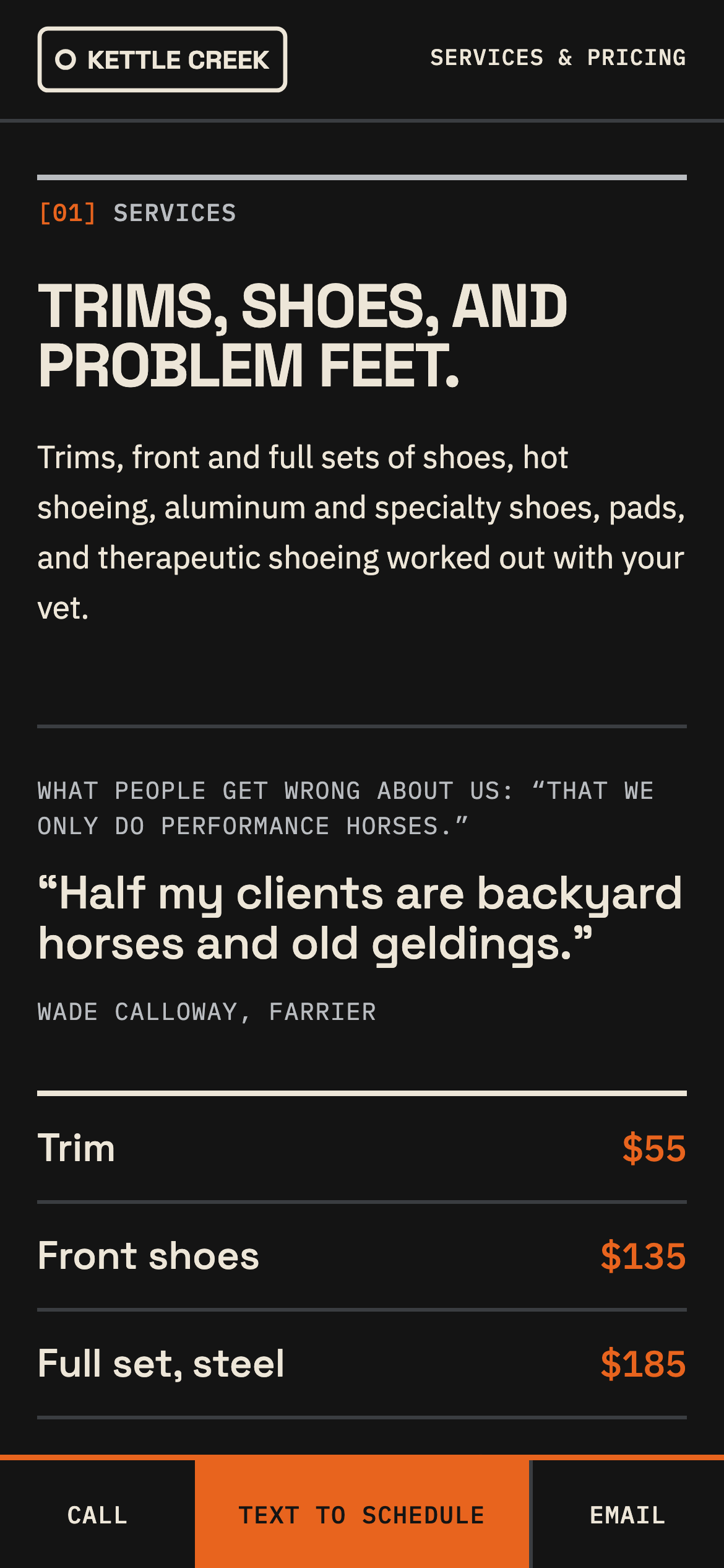 Phone view: Services, A farrier’s practice