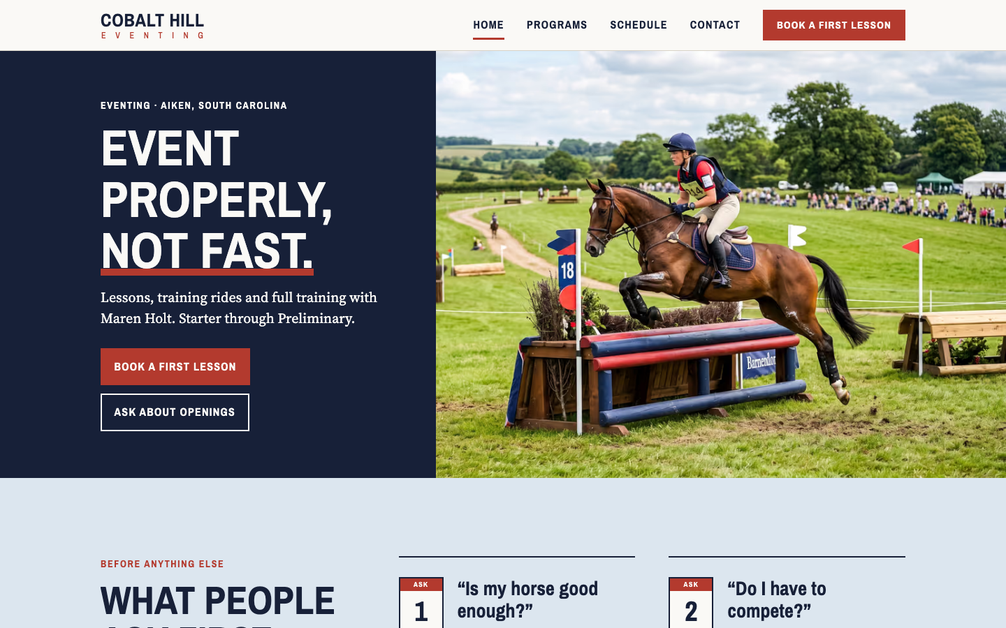 Desktop view: Home page, A training barn