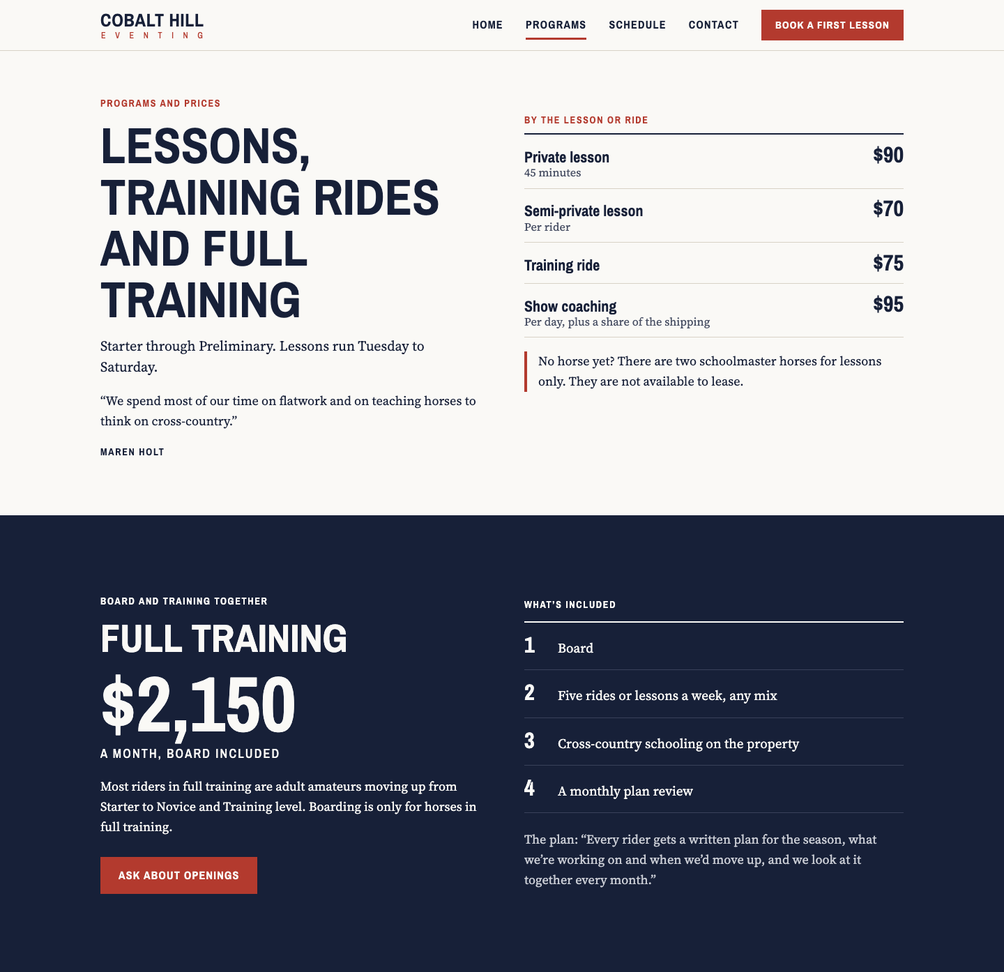 Desktop view: Programs and rates, A training barn