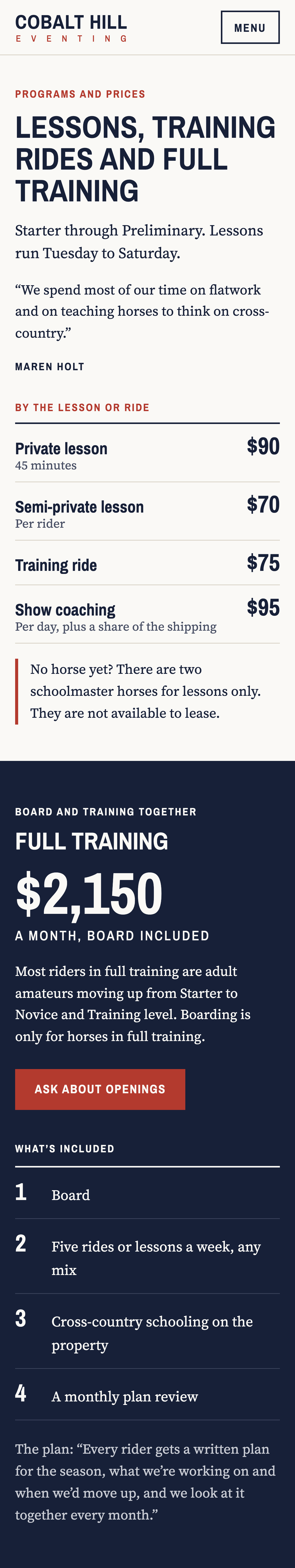 Phone view: Programs and rates, A training barn